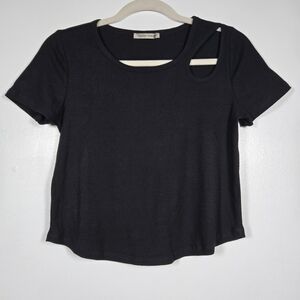 Tamnoon Black Ribbed Cut Out Short Sleeve T-Shirt Top Size Small